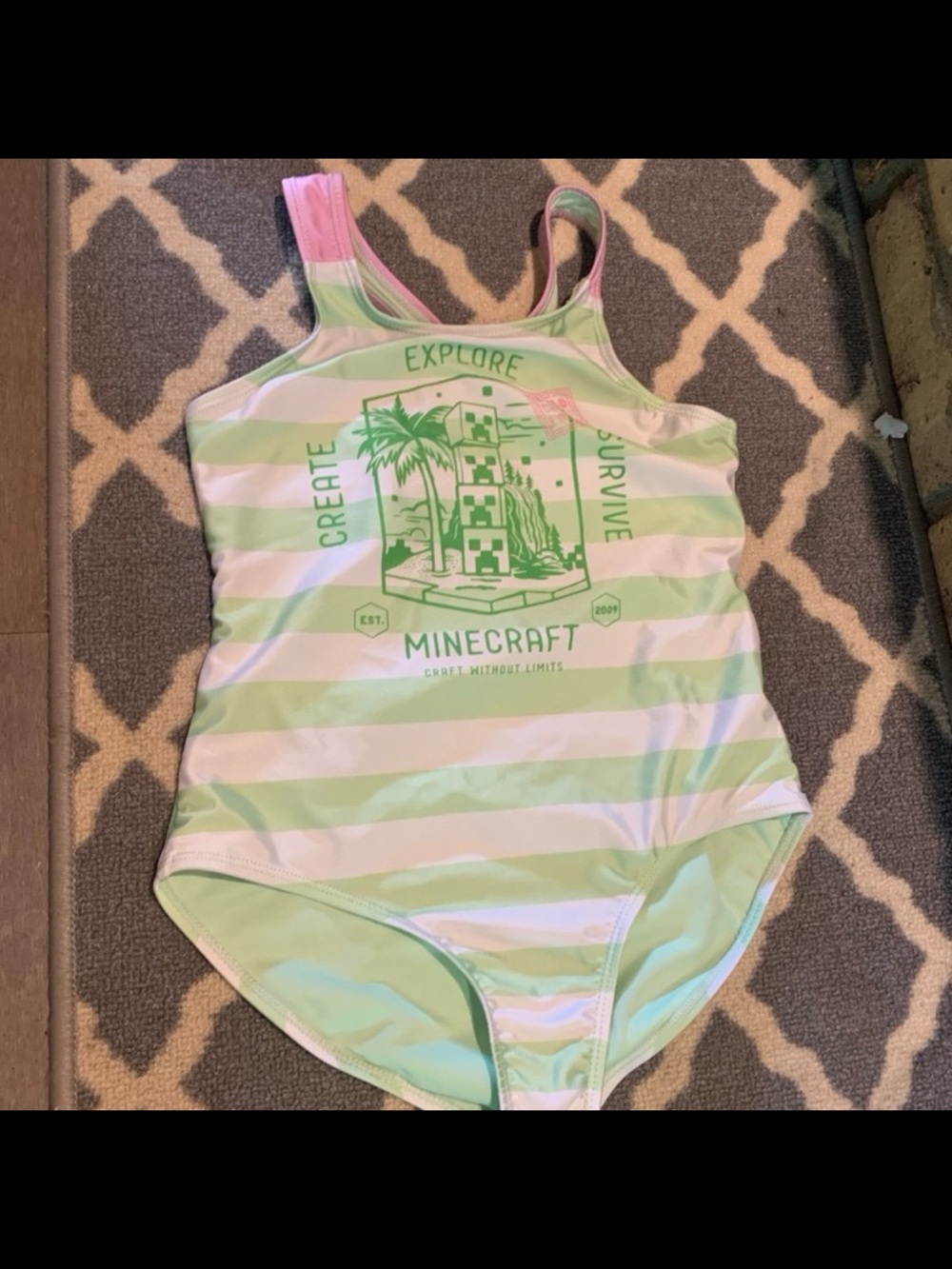 Minecraft Girls' Green & White Stripe One-Piece Swimsuit size 10/12